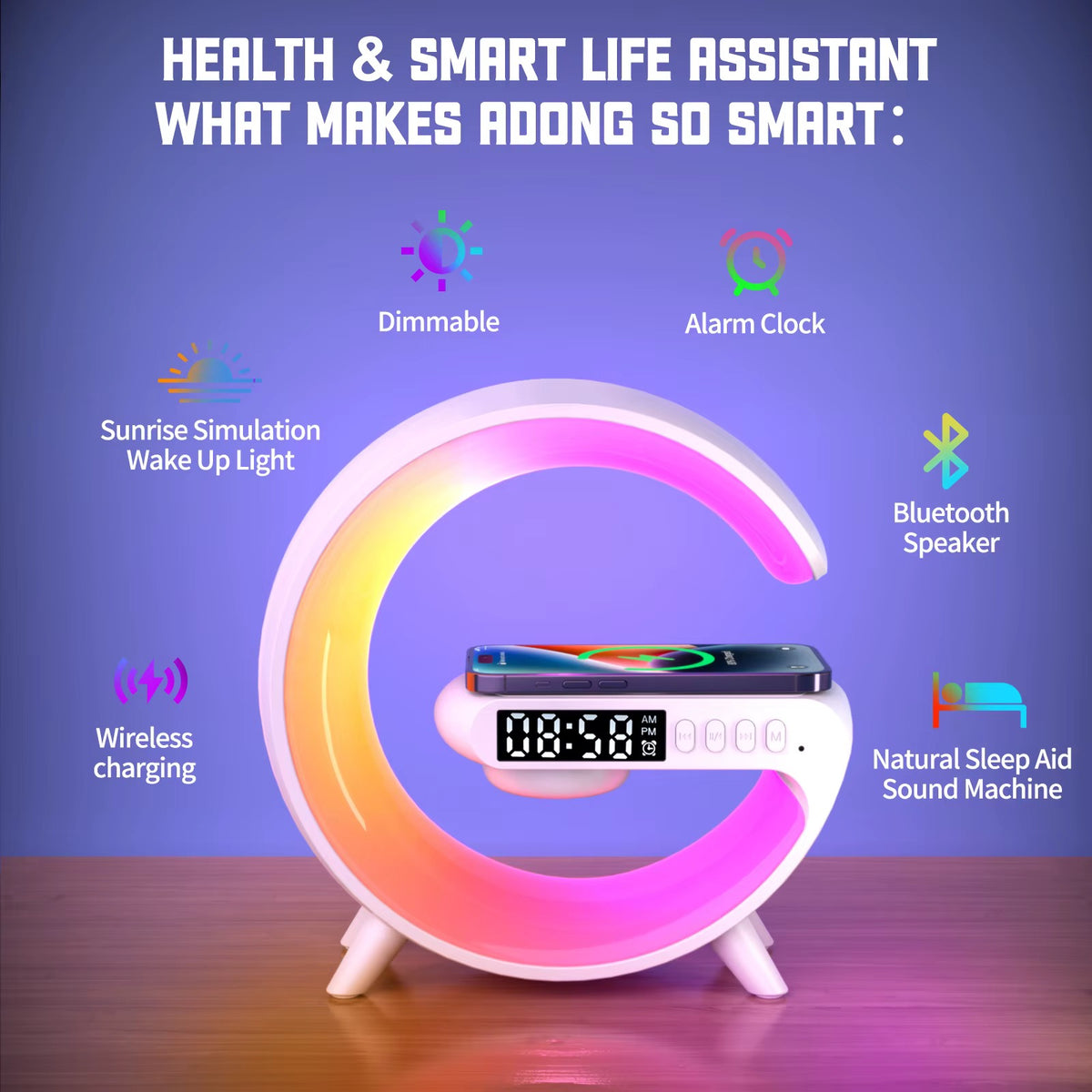 Smart Lamp, Alarm Clock – Wake-Up Light, Bluetooth Speaker & Wireless Charger